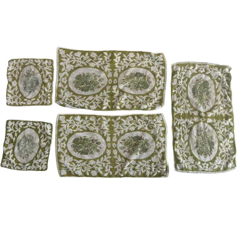 Vintage 5 Pieces Royal Rose double Cotton bath Towels Set Green Floral